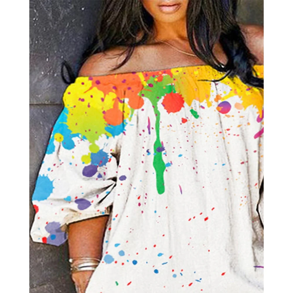 Sexy Women Ink Splash Print Off The Shoulder Long Sleeve Romper Oversized - Image 10