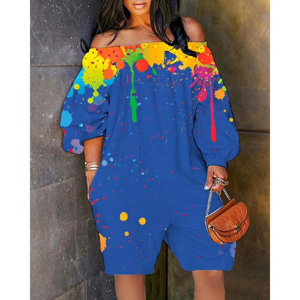 Sexy Women Ink Splash Print Off The Shoulder Long Sleeve Romper Oversized - Image 2
