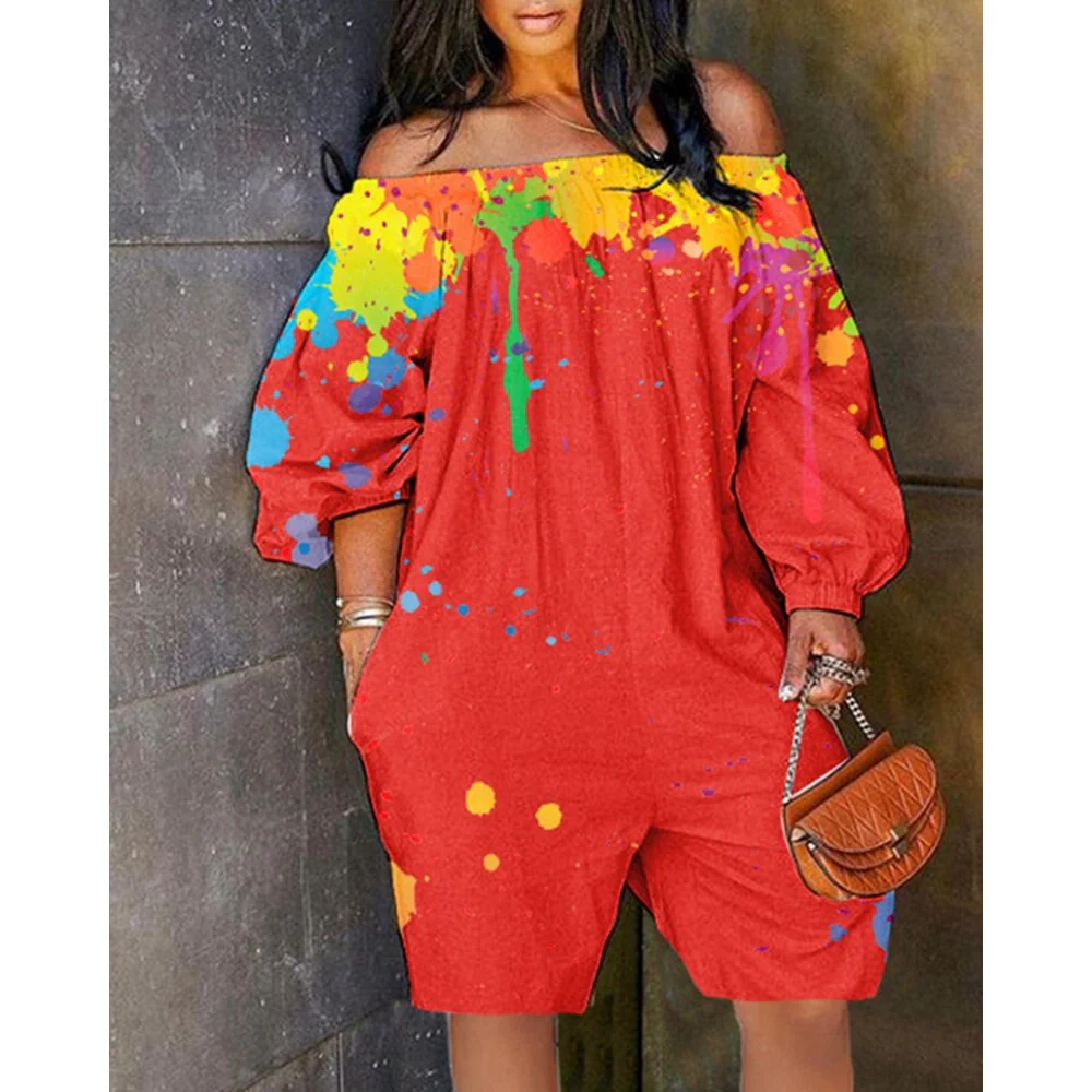 Sexy Women Ink Splash Print Off The Shoulder Long Sleeve Romper Oversized - Image 3