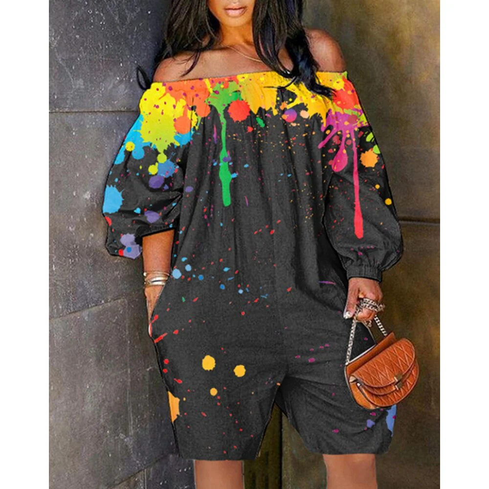 Sexy Women Ink Splash Print Off The Shoulder Long Sleeve Romper Oversized - Image 4