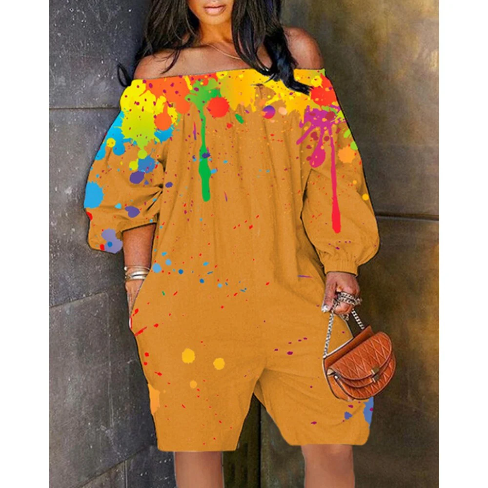 Sexy Women Ink Splash Print Off The Shoulder Long Sleeve Romper Oversized - Image 5