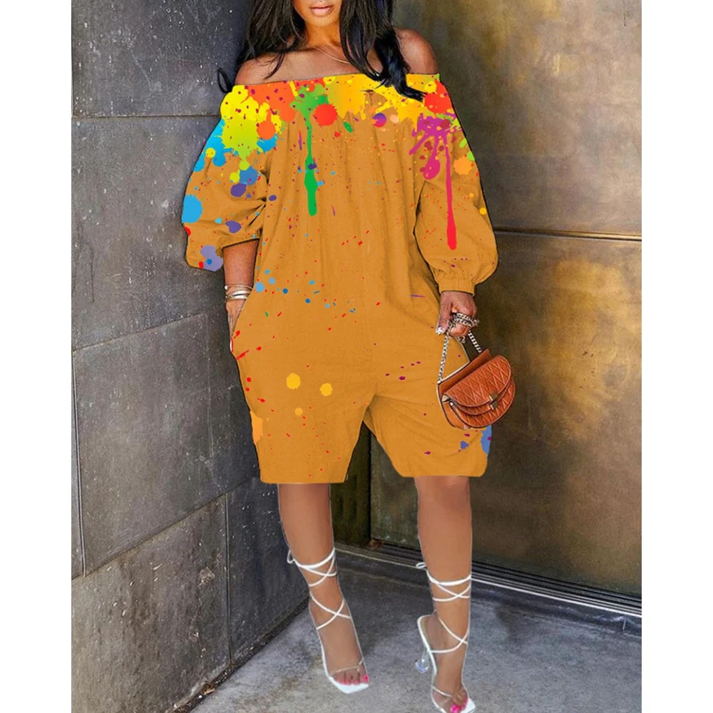 Sexy Women Ink Splash Print Off The Shoulder Long Sleeve Romper Oversized - Image 7