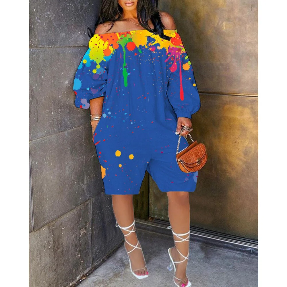 Sexy Women Ink Splash Print Off The Shoulder Long Sleeve Romper Oversized - Image 8