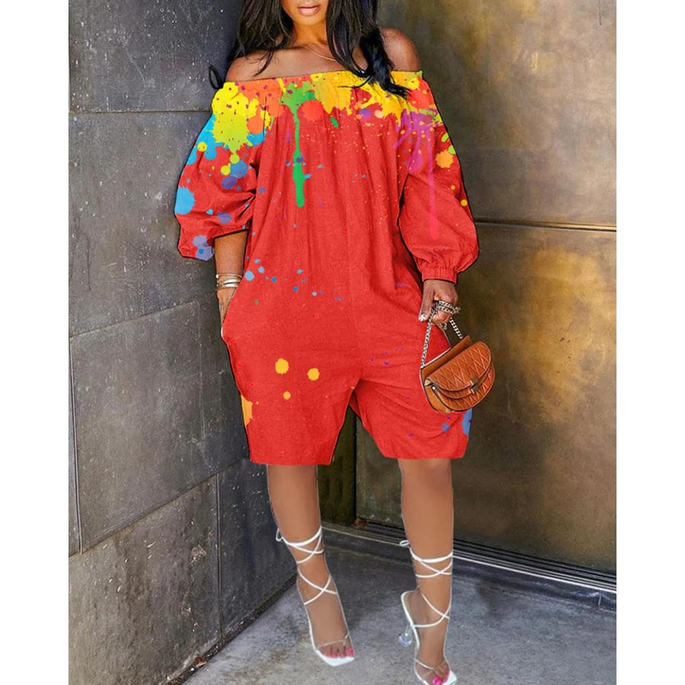 Sexy Women Ink Splash Print Off The Shoulder Long Sleeve Romper Oversized - Image 9