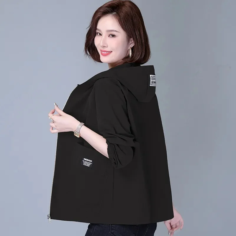 Women Jackets Hooded Summer Sun-proof Zipper Trench Coats Loose Windbreaker Solid Color Outerwear Breathable Lightweight Clothes - Image 4