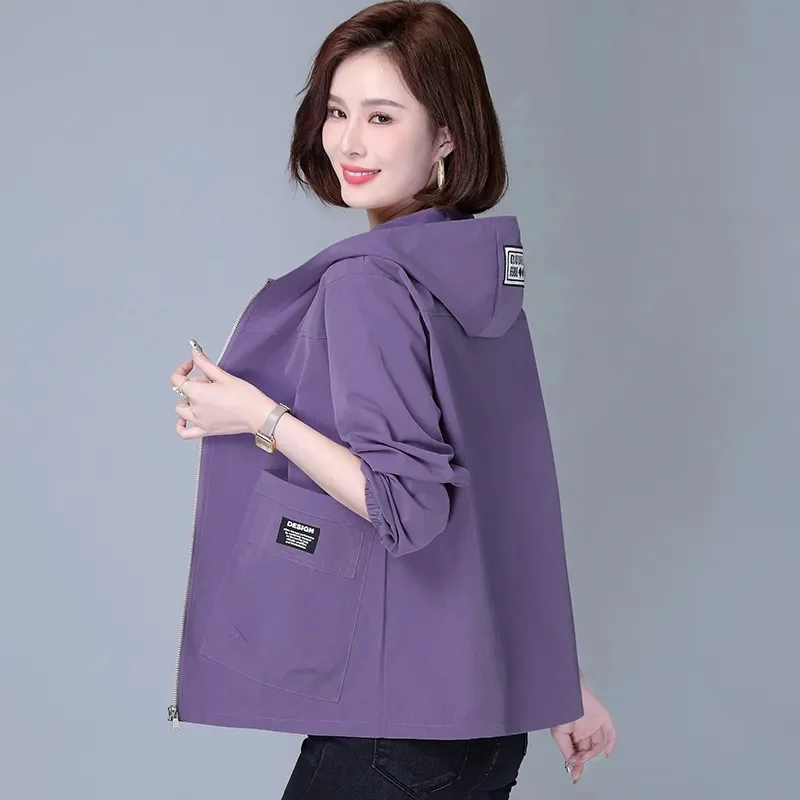 Women Jackets Hooded Summer Sun-proof Zipper Trench Coats Loose Windbreaker Solid Color Outerwear Breathable Lightweight Clothes - Image 5