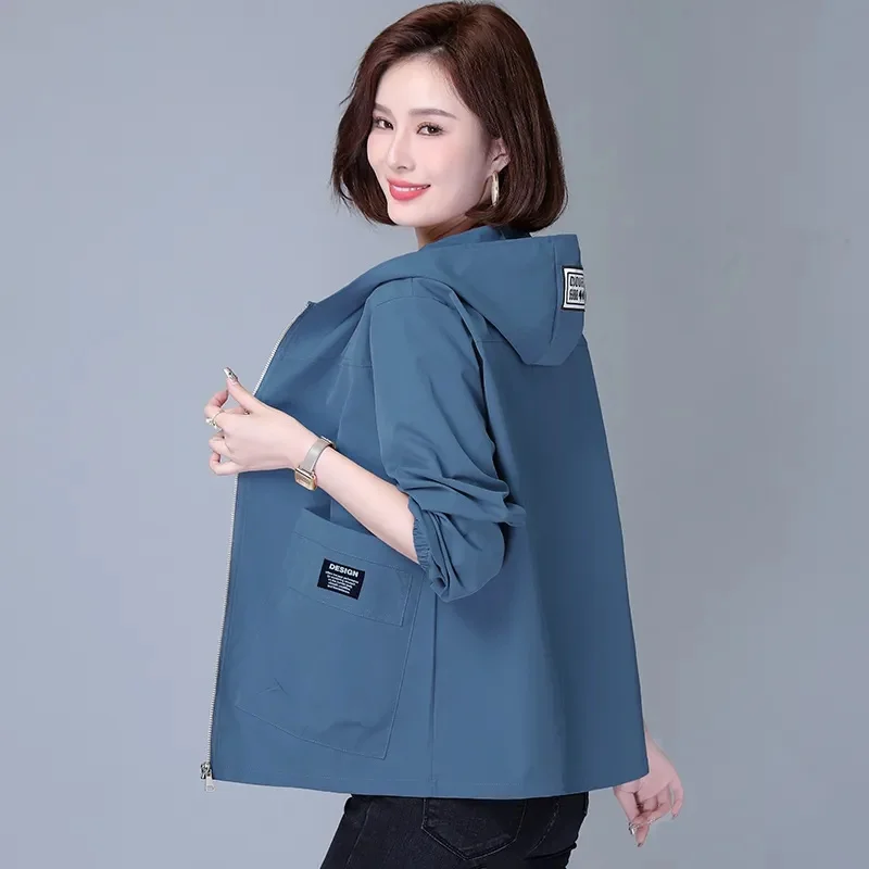 Women Jackets Hooded Summer Sun-proof Zipper Trench Coats Loose Windbreaker Solid Color Outerwear Breathable Lightweight Clothes - Image 6