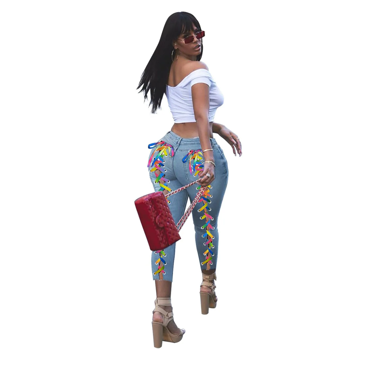 Women Jeans Back Criss-cross Lace Up Sexy Hole Sheath Elastic Mid Waist Long Pencil Denim Ankle-Length Pants Skinny Jeans - Image 4