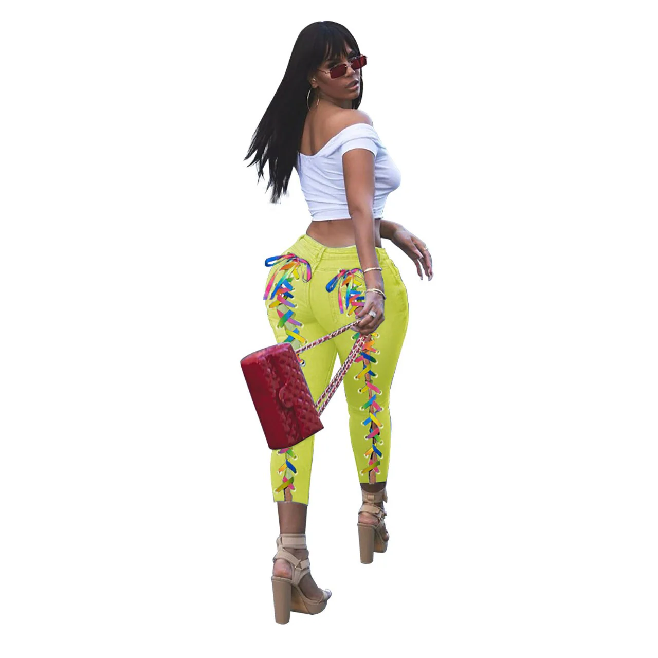Women Jeans Back Criss-cross Lace Up Sexy Hole Sheath Elastic Mid Waist Long Pencil Denim Ankle-Length Pants Skinny Jeans - Image 5