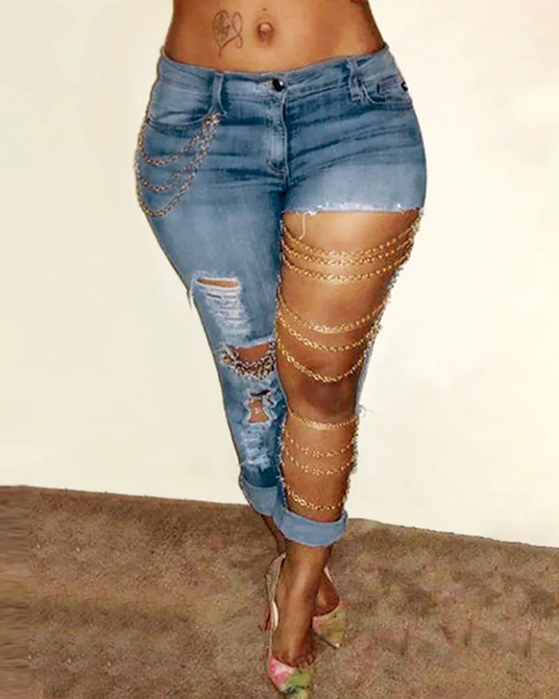 Women Jeans Pencil Pants Denim Sexy Big Holes Chain Washing Slim Pockets Streetwear Spring 2024 Slight Strech Solid Color - Image 2