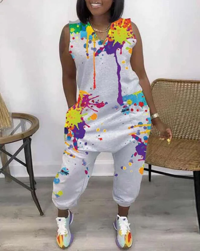 Women Jumpsuit 2023 Summer Fashion Ink Splash Print Sleeveless V-Neck Casual Pocket Design Daily Long Harem Jumpsuit Streetwear