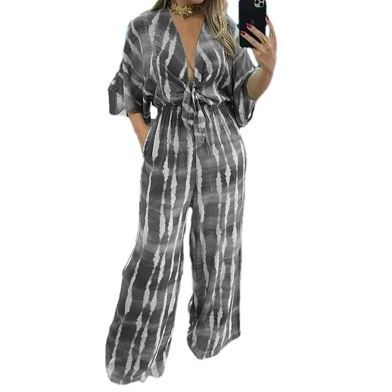 Women Jumpsuit Printed Hanging Neck Sexy Backless Lace-up Slit Jumpsuit Loose Wide Leg Pants Bare Shoulder Casual Romper Women - Image 4