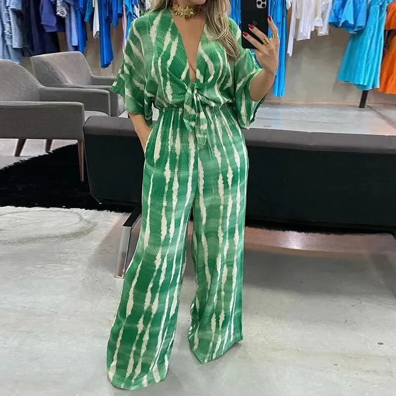 Women Jumpsuit Printed Hanging Neck Sexy Backless Lace-up Slit Jumpsuit Loose Wide Leg Pants Bare Shoulder Casual Romper Women - Image 8