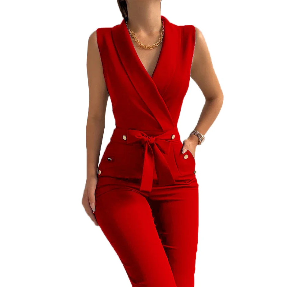Women Jumpsuits Pants Sleevless V-neck Buttons Pocket Slim Elegant Bodysuits Rompers Outfits Trousers Causal Ladies Overalls - Image 9