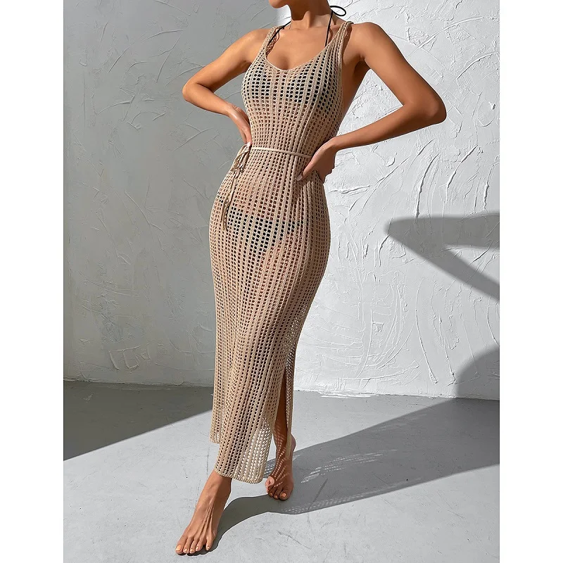 Women Knitted Dress 2022 Summer Causal Solid Midi Skirts Fashion Backless Sexy Hollow Out Slip Ladies holiday Sundress Beachwear - Image 2