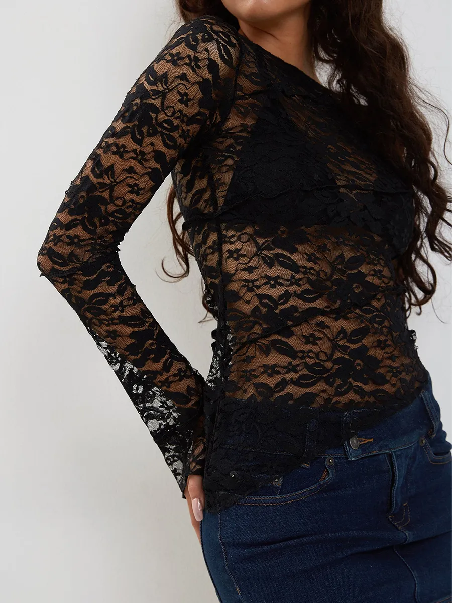 Women Lace Floral Fitted Crop Tops Sexy See Through Mesh Vintage Y2K Aesthetic Long Sleeve Crew Top Streetwear