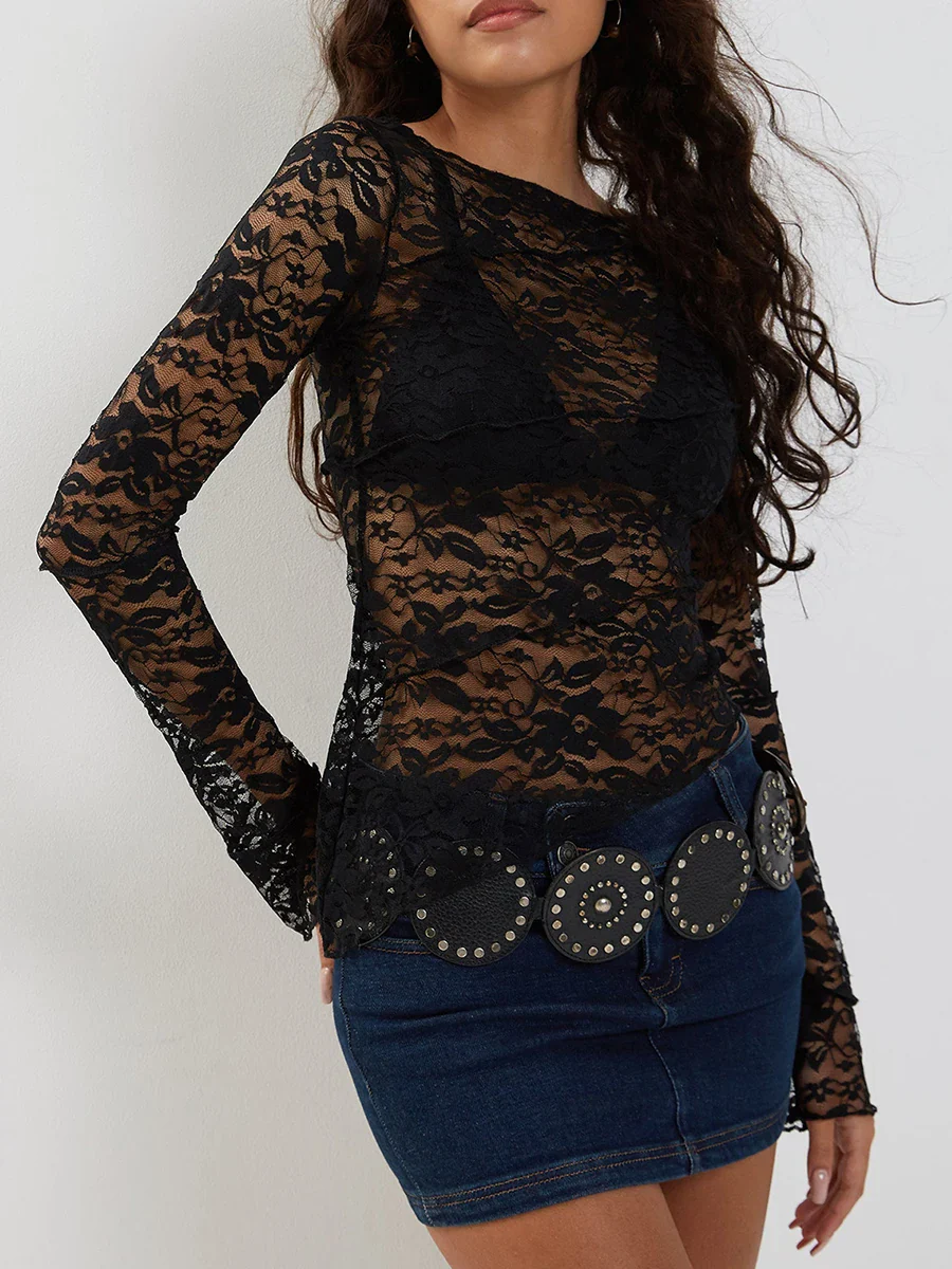 Women Lace Floral Fitted Crop Tops Sexy See Through Mesh Vintage Y2K Aesthetic Long Sleeve Crew Top Streetwear - Image 3