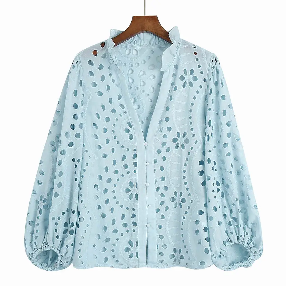 Women Lace Shirt Hollow Out Embroidery Blouse White Blue Green Rose Pink Summer 2023 New Clothing Modern Girl Blusa Tops - Image 5
