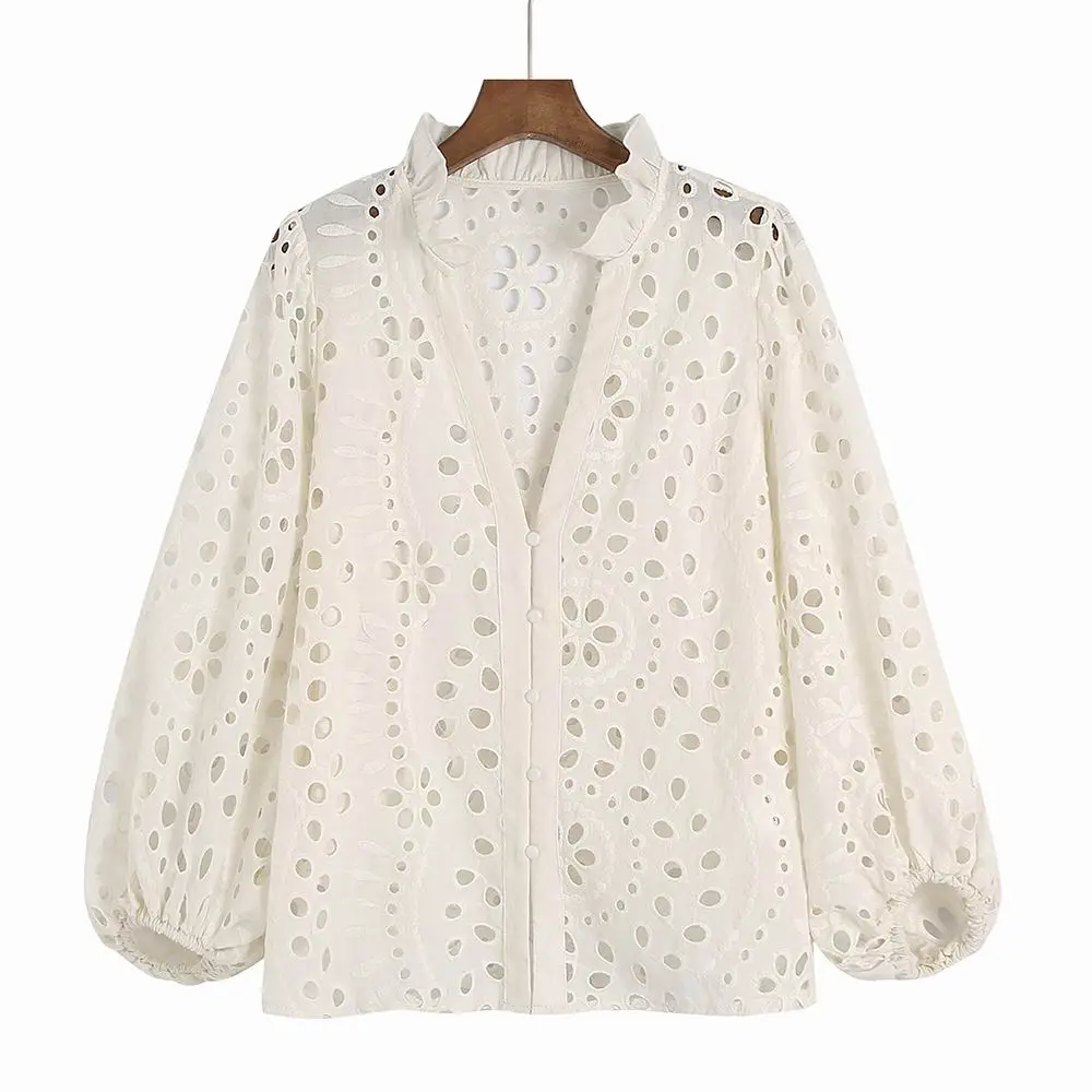 Women Lace Shirt Hollow Out Embroidery Blouse White Blue Green Rose Pink Summer 2023 New Clothing Modern Girl Blusa Tops - Image 6
