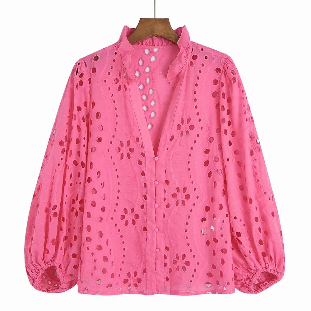 Women Lace Shirt Hollow Out Embroidery Blouse White Blue Green Rose Pink Summer 2023 New Clothing Modern Girl Blusa Tops - Image 7