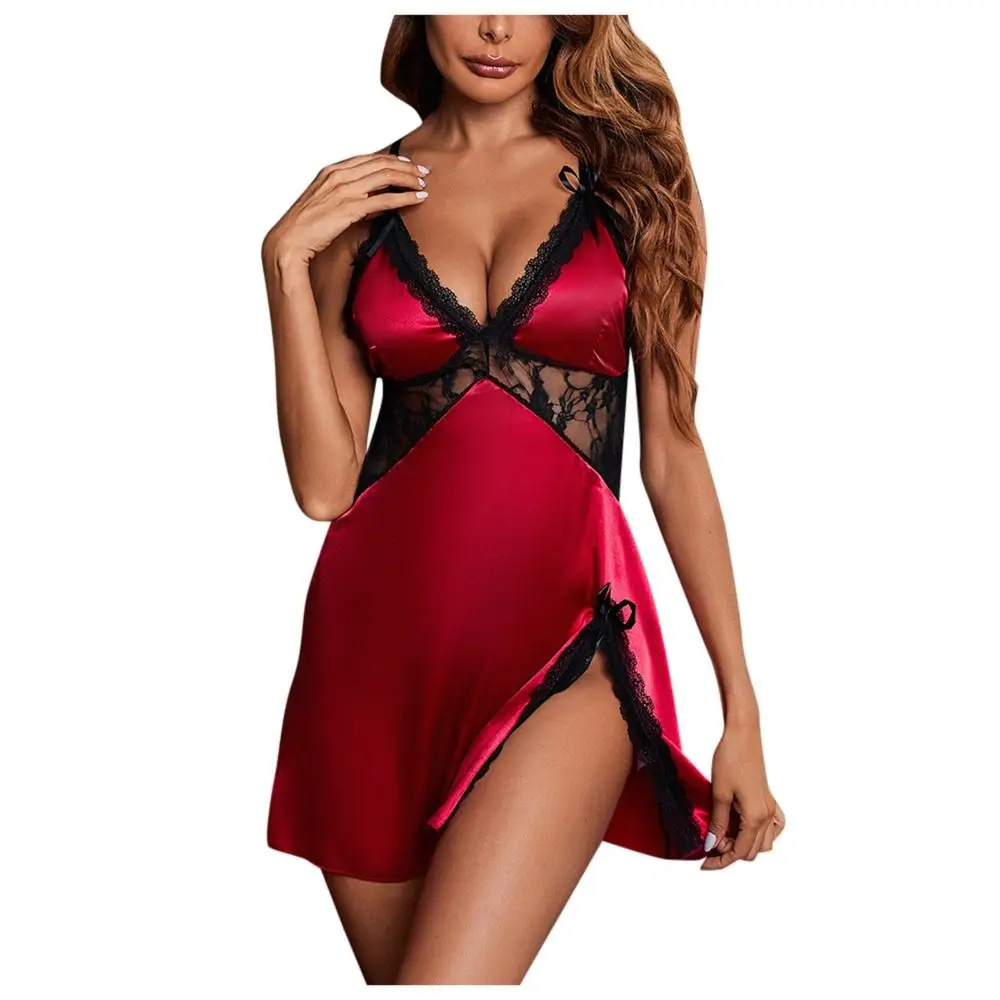 Women Lace Silk Satin Night Dress Nighties V-Neck Nightgowns Mesh Patchwork Sleepwear Sleeping Dress Women Nightwear - Image 10