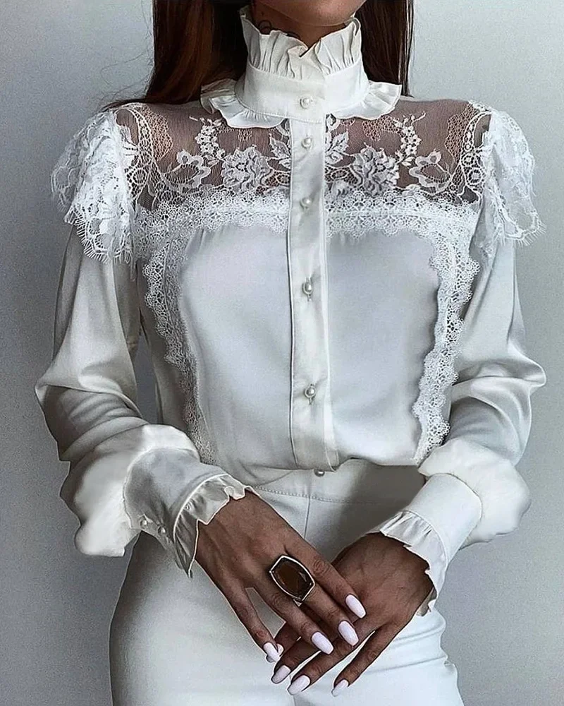 Women Lace Solid Color Casual Shirt White High Collar Mesh Lace Stitching Stringy Ruffles Shirt Top Blouse New - Image 2