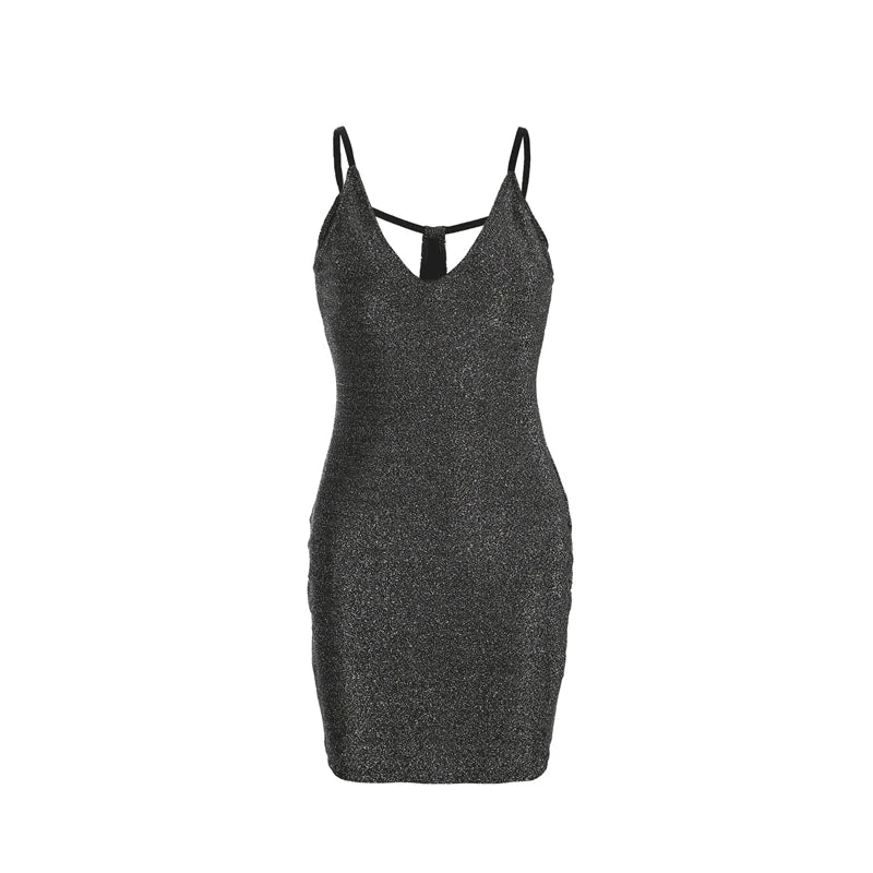 Women Ladies Fashion Sexy Summer Evening Party Dress Sleeveless Deep V-Neck Skinny High Waist Solid Sequined Mini Dress - Image 3