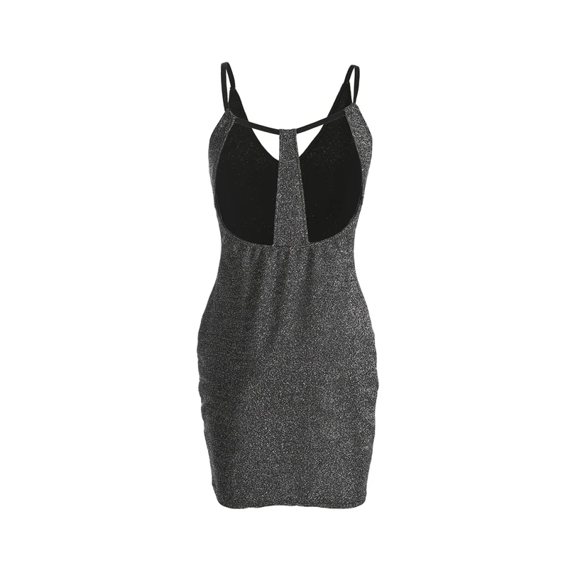 Women Ladies Fashion Sexy Summer Evening Party Dress Sleeveless Deep V-Neck Skinny High Waist Solid Sequined Mini Dress - Image 4