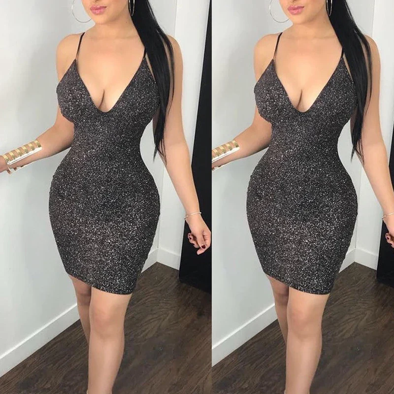 Women Ladies Fashion Sexy Summer Evening Party Dress Sleeveless Deep V-Neck Skinny High Waist Solid Sequined Mini Dress - Image 7
