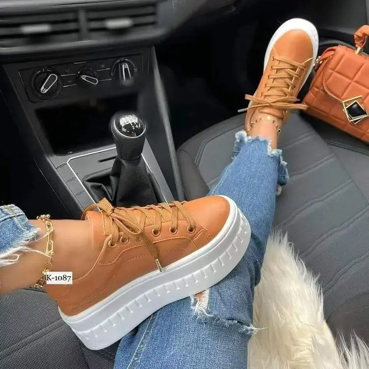Women Leather Platform Shoes Fashion Solid Color Chunky Heel Sneakers Casual Flat Sports Shoes Designer Shoes Zapatillas Mujer - Image 6