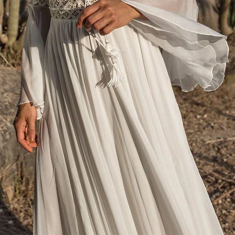 Women Long Flare Sleeve V Neck White Hollow Boho Lace Maxi Dress Female  Holiday Chic Summer - Image 5