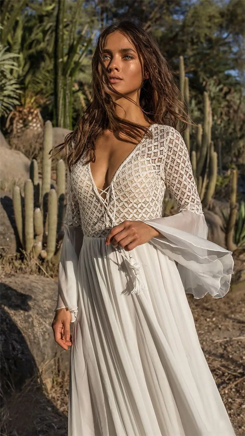 Women Long Flare Sleeve V Neck White Hollow Boho Lace Maxi Dress Female  Holiday Chic Summer - Image 6