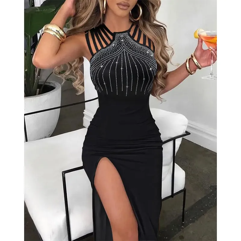 Women Long Maxi Slim V Neck Dress Evening Chain Decor Cutout High Slit Dress Party High Waist Hollow Out - Image 17