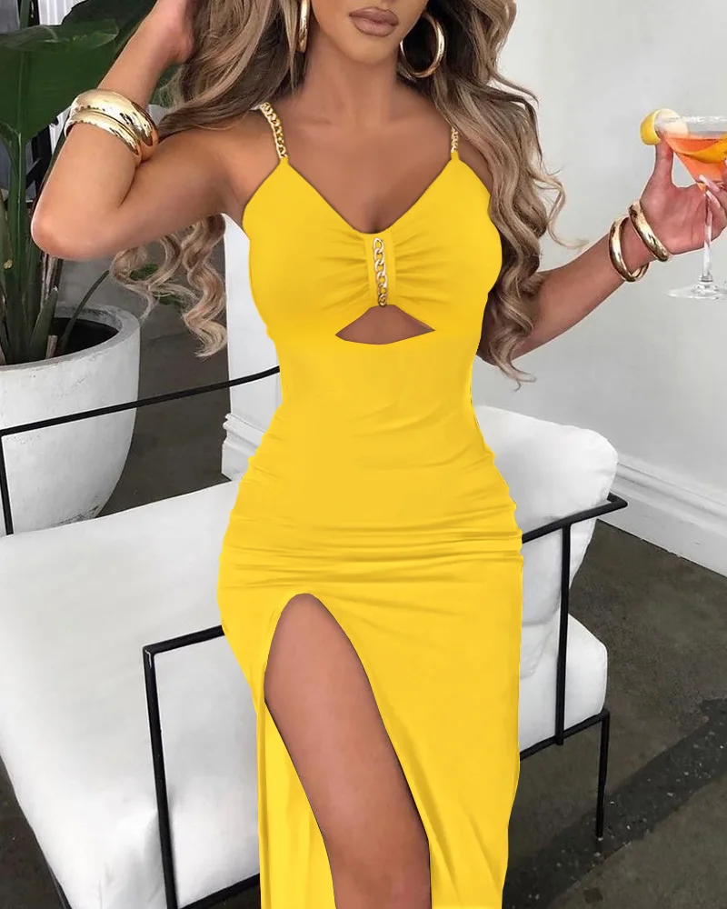 Women Long Maxi Slim V Neck Dress Evening Chain Decor Cutout High Slit Dress Party High Waist Hollow Out - Image 4