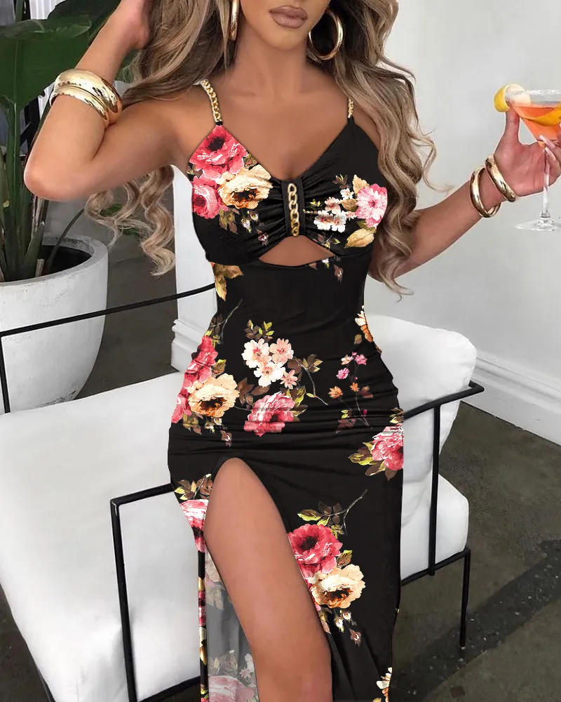 Women Long Maxi Slim V Neck Dress Evening Chain Decor Cutout High Slit Dress Party High Waist Hollow Out - Image 9