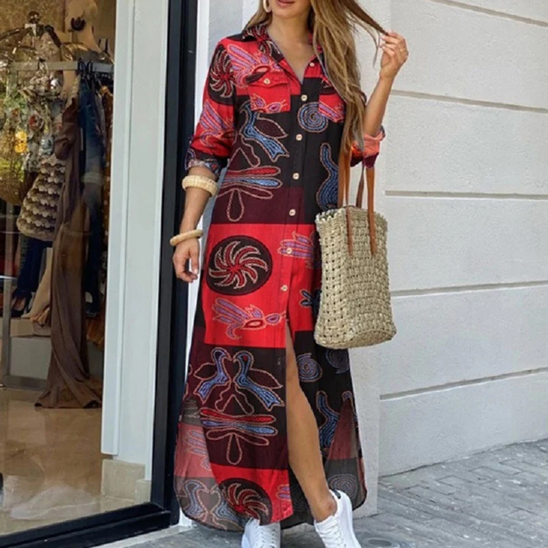 Women Long Sleeve Shirt Dress Summer Casual Boho Printed Dresses Fashion Single Breasted Button Party Female Maxi Dress Vestidos - Image 4
