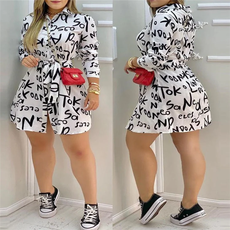 Women Long Sleeve V Neck Loose Blouse New Femal Ladies Sexy Letter Print  Dress Elegant Party Dress Office Lady Shirts Dress