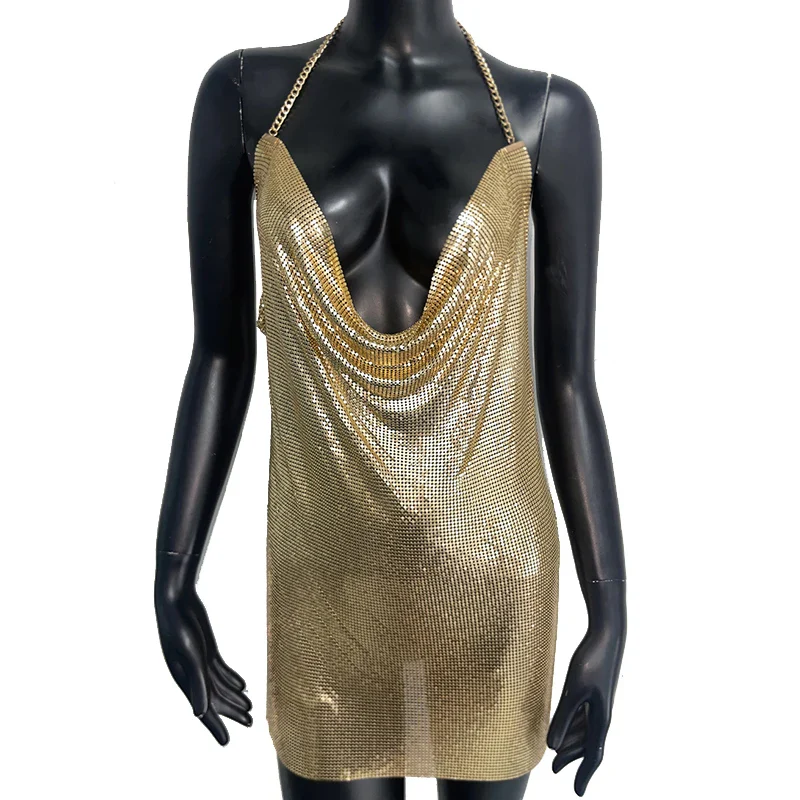 Women Luxury Metallic Sequins Mini Dress Sexy Backless Halter Neck Deep V Neck Party Dresses Rave Nightclub Streetwear 2024 New - Image 7