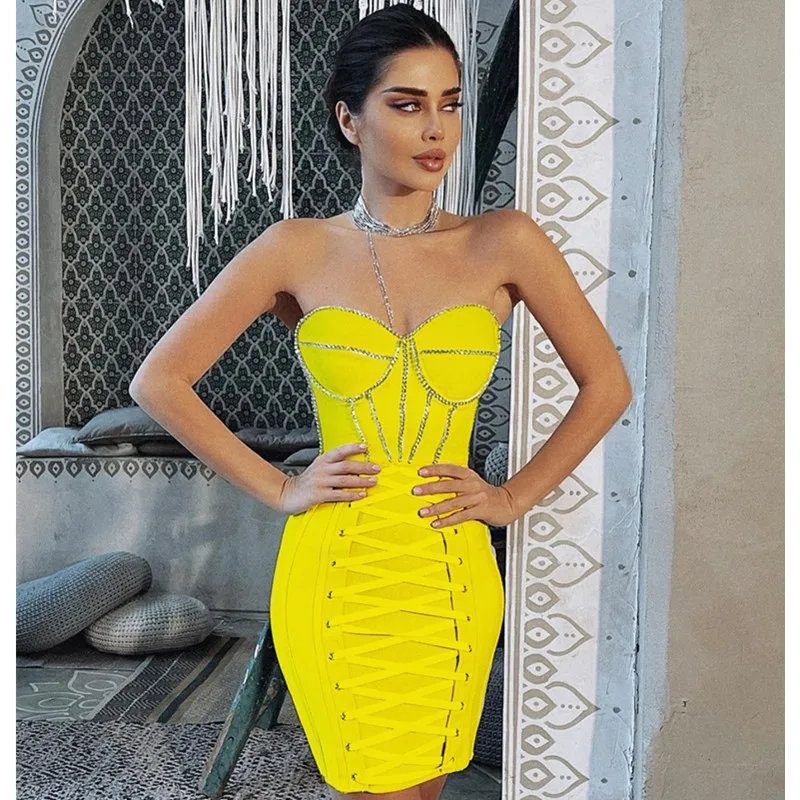 Women Luxury Sexy Strapless Backless Crystal Sparkly Beige Pink Mini Bodycon Bandage Dress 2022 Elegant Evening Club Party Dress - Image 10