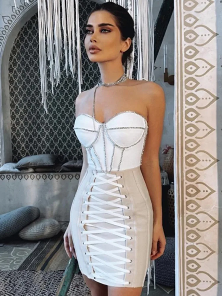 Women Luxury Sexy Strapless Backless Crystal Sparkly Beige Pink Mini Bodycon Bandage Dress 2022 Elegant Evening Club Party Dress - Image 2