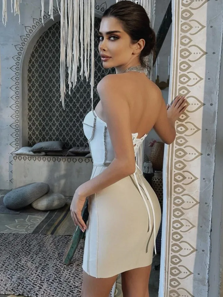 Women Luxury Sexy Strapless Backless Crystal Sparkly Beige Pink Mini Bodycon Bandage Dress 2022 Elegant Evening Club Party Dress - Image 3