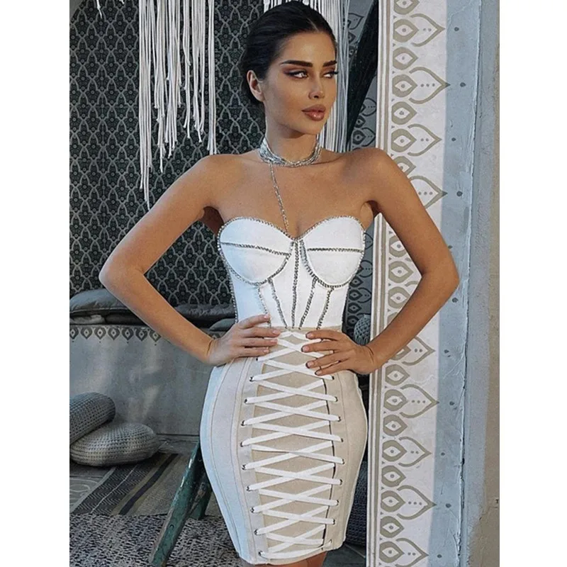Women Luxury Sexy Strapless Backless Crystal Sparkly Beige Pink Mini Bodycon Bandage Dress 2022 Elegant Evening Club Party Dress - Image 7