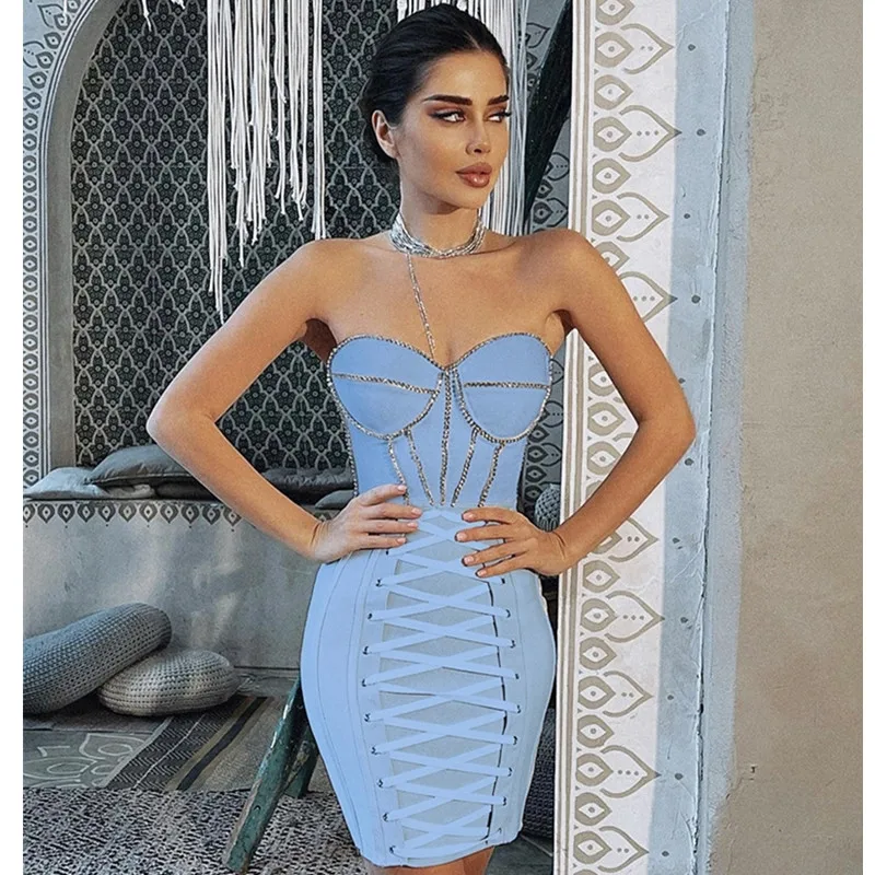 Women Luxury Sexy Strapless Backless Crystal Sparkly Beige Pink Mini Bodycon Bandage Dress 2022 Elegant Evening Club Party Dress - Image 8