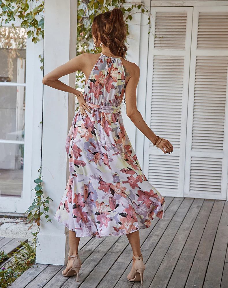 Women Sexy Maxi Boho Halter Chiffon Slim Leisure Sleeveless Summer Beach Floral Casual Dresses - Image 6