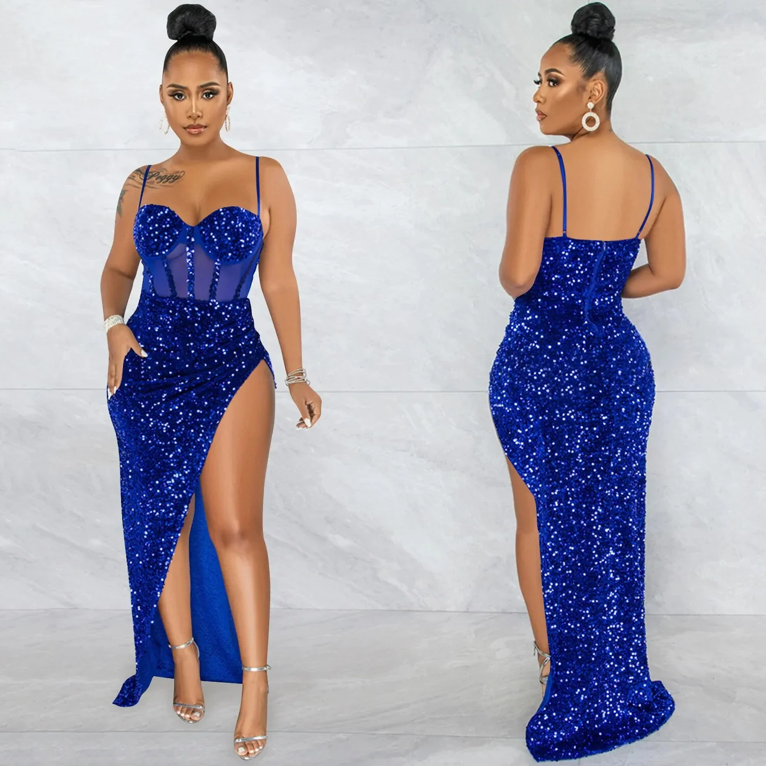 Women Mesh Patchwork High Side Split Sequin Bodycon Midi Backless Maxi Long Dress Sexy Night Party Spaghetti Strap Dress - Image 4
