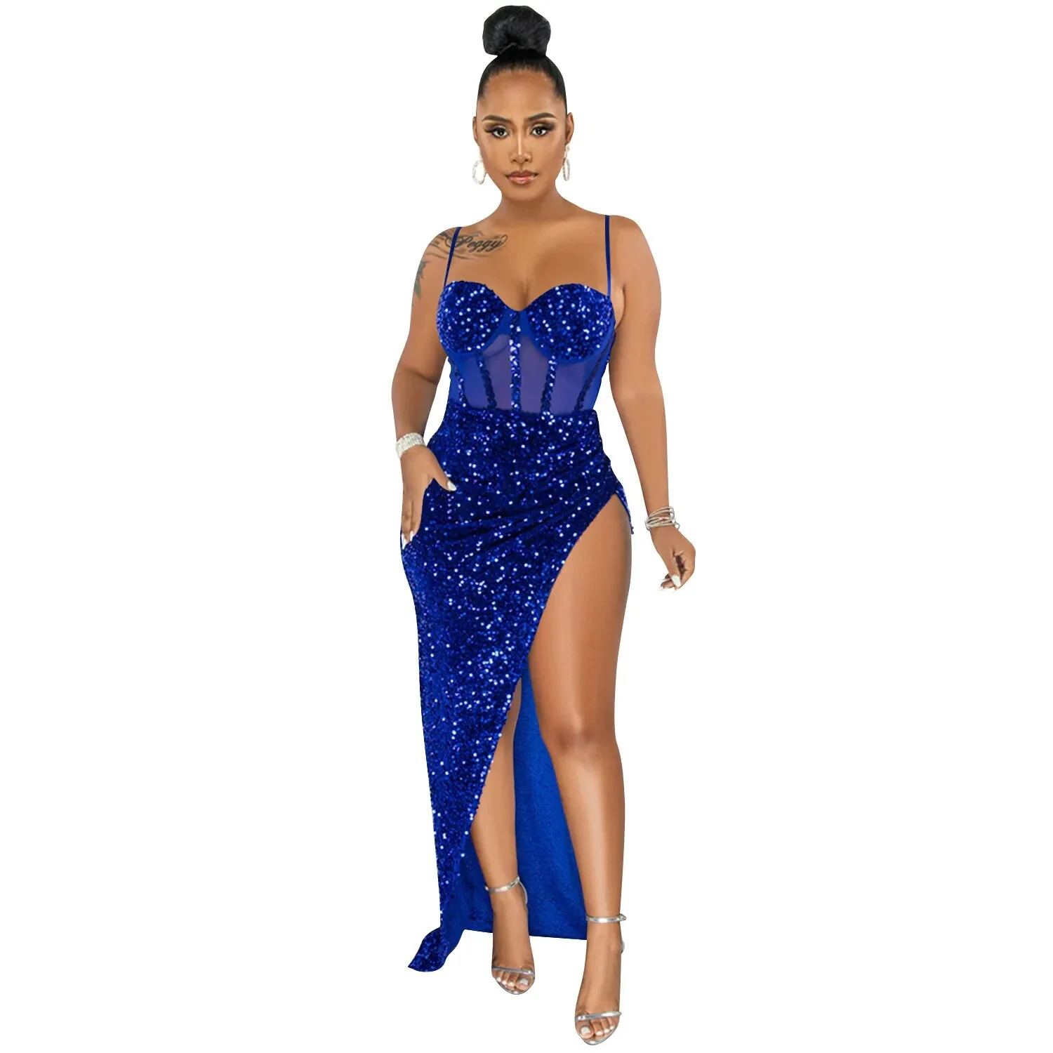 Women Mesh Patchwork High Side Split Sequin Bodycon Midi Backless Maxi Long Dress Sexy Night Party Spaghetti Strap Dress - Image 8