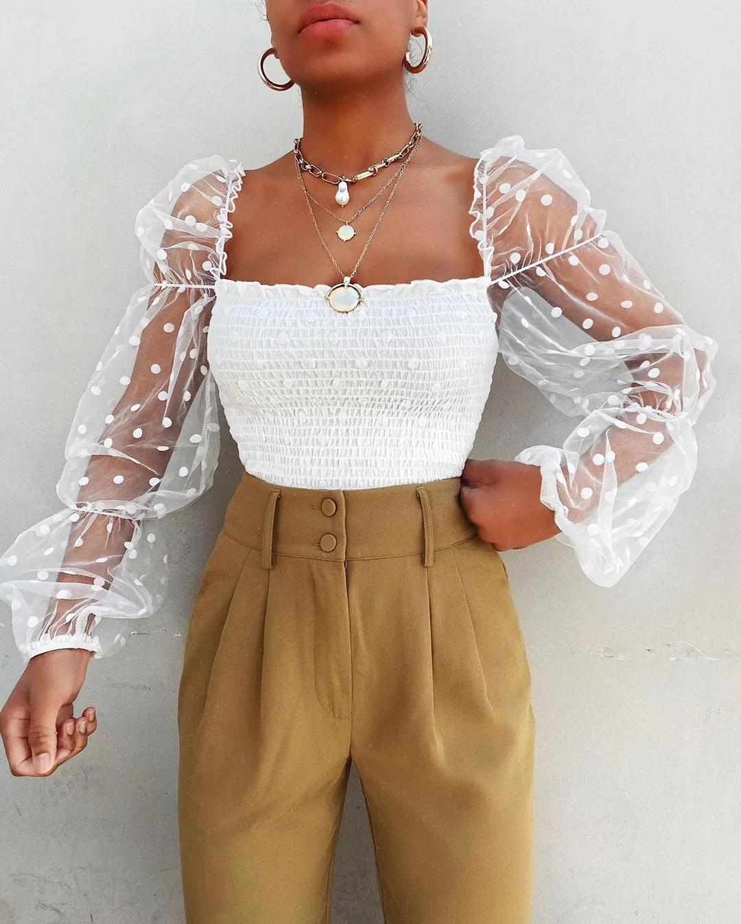 Women Mesh Sheer Blouse Chiffon See-through Long Sleeve Top Shirt Blouse Fashion Organza Transparent White Shirt Female Blusas - Image 4