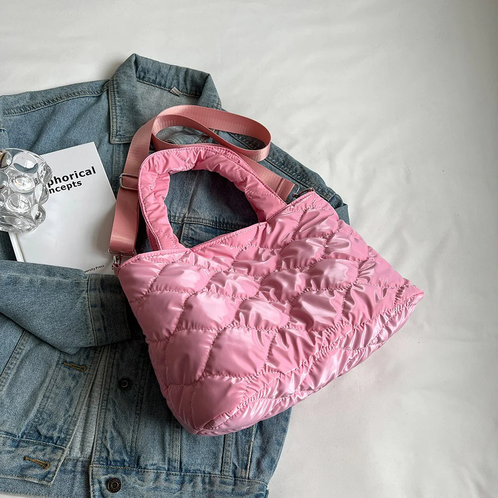 Women Messenger Bag Solid Color Nylon Cotton-padded Female Down Bags Casual Zipper Winter Fashion Quilted Ladies Large Tote - Image 2