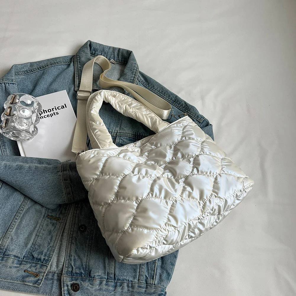 Women Messenger Bag Solid Color Nylon Cotton-padded Female Down Bags Casual Zipper Winter Fashion Quilted Ladies Large Tote - Image 3
