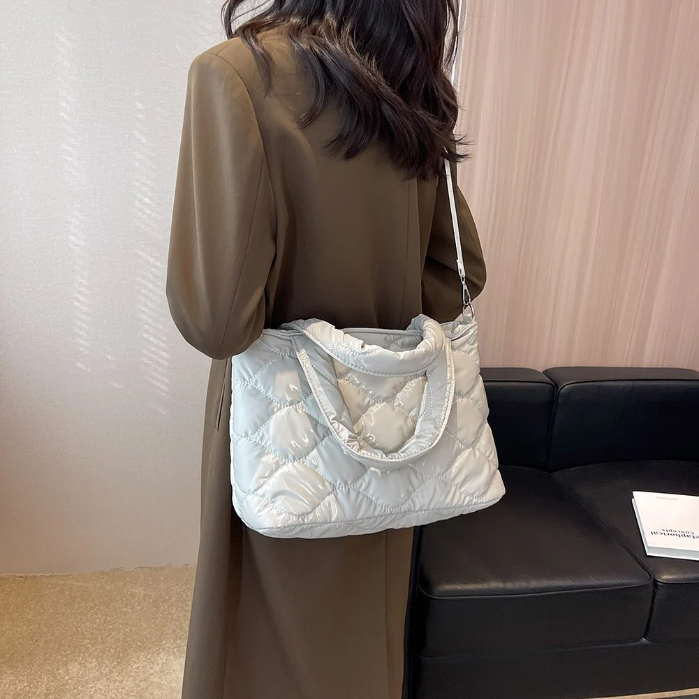 Women Messenger Bag Solid Color Nylon Cotton-padded Female Down Bags Casual Zipper Winter Fashion Quilted Ladies Large Tote - Image 8